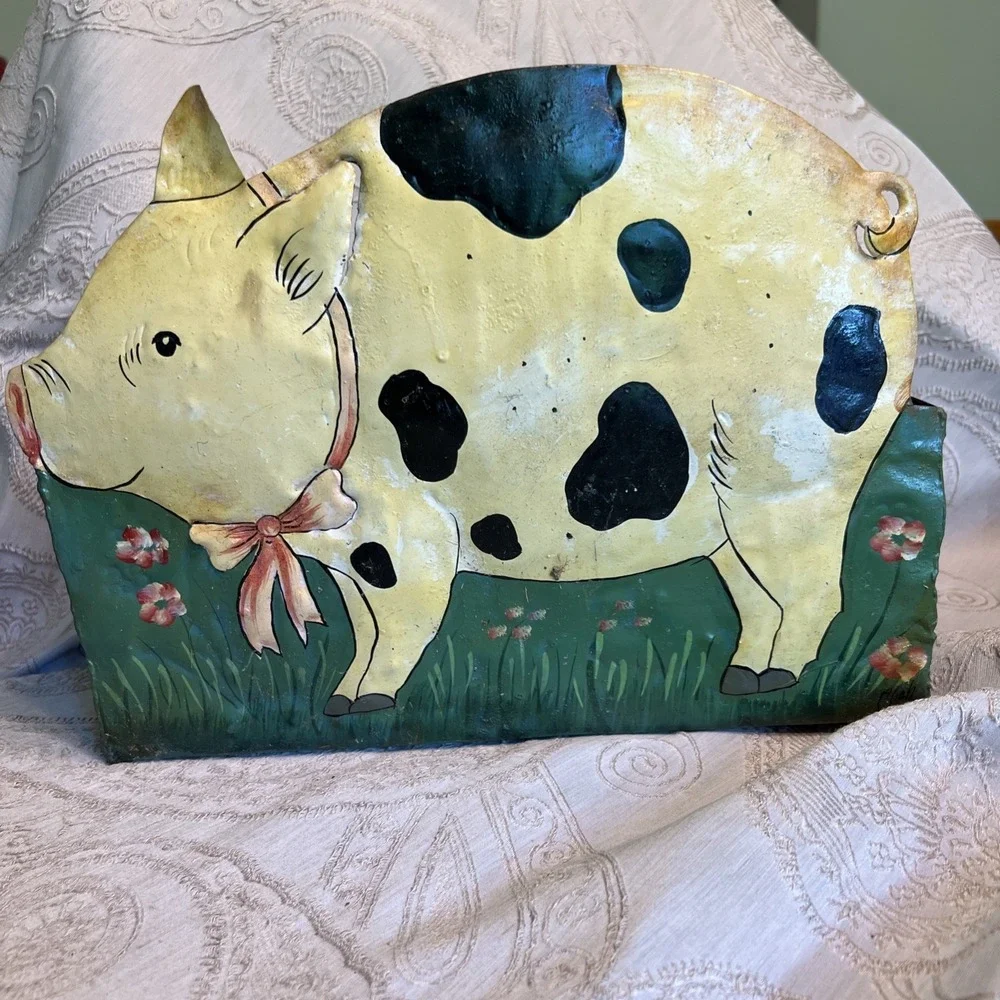 Handpainted Folk Art Pig With Bow Planter Signed